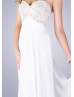 Strapless Ivory Lace Chiffon Beaded Cross Back Prom Dress